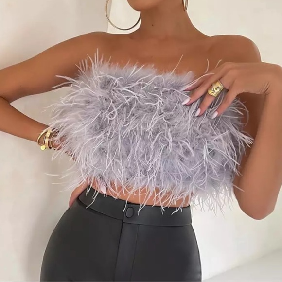 Tops - 🎉New Arrival Sexy Light Gray Crop Ostrich Feather Tube Style Top - Medium